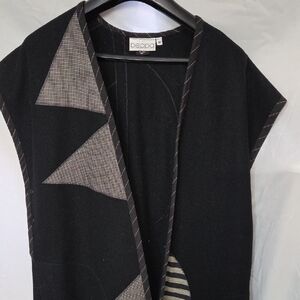 Black Geometric Women's 100% Wool Long Vest By BEPPA. WEARABLE ART SZ MED